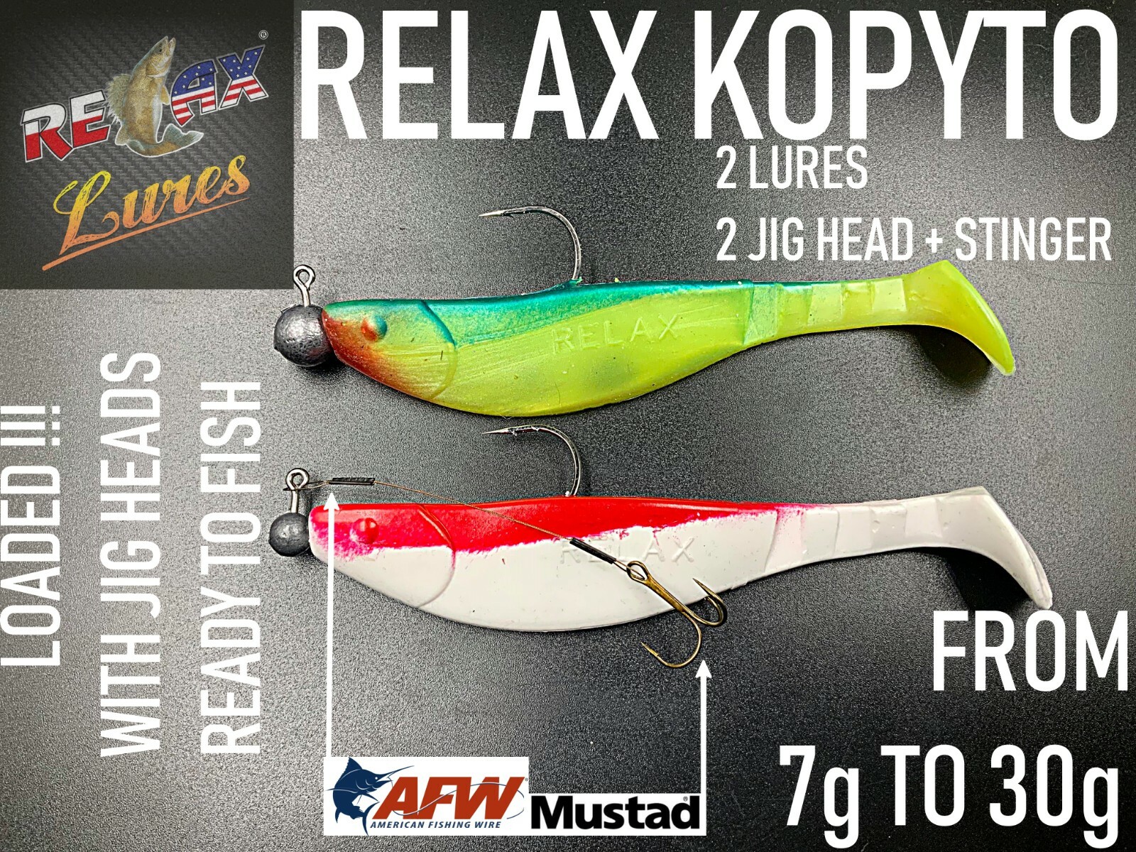 Relax Kopyto Shad 6"(15cm)2pcs,ready to fish, mustad jig+stinger,loaded,7-30g