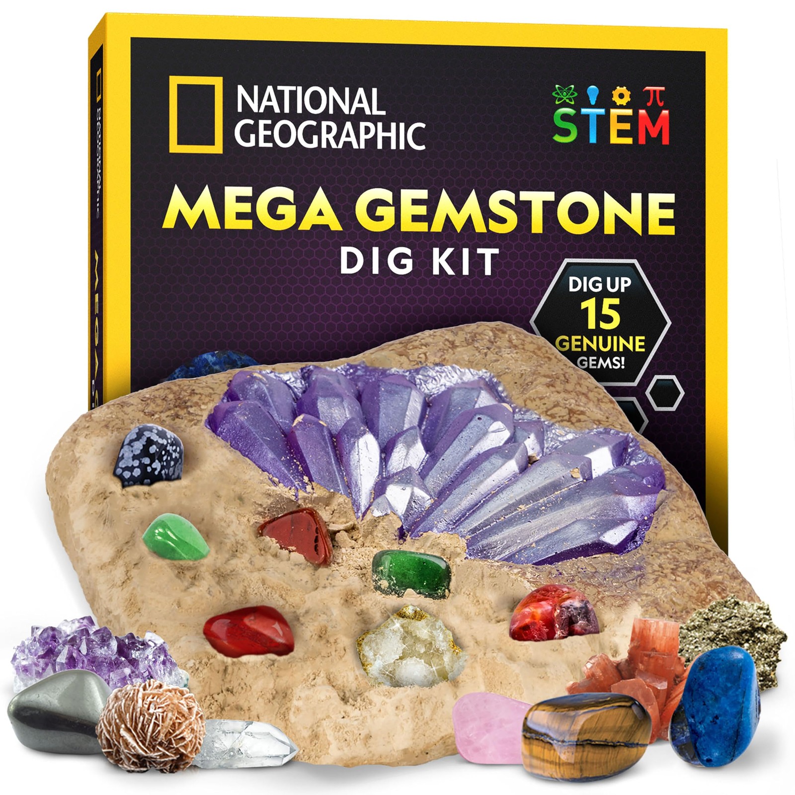 NATIONAL GEOGRAPHIC Mega Gemstone Dig Kit – Dig Up 15 Real Gemstones and Crys...