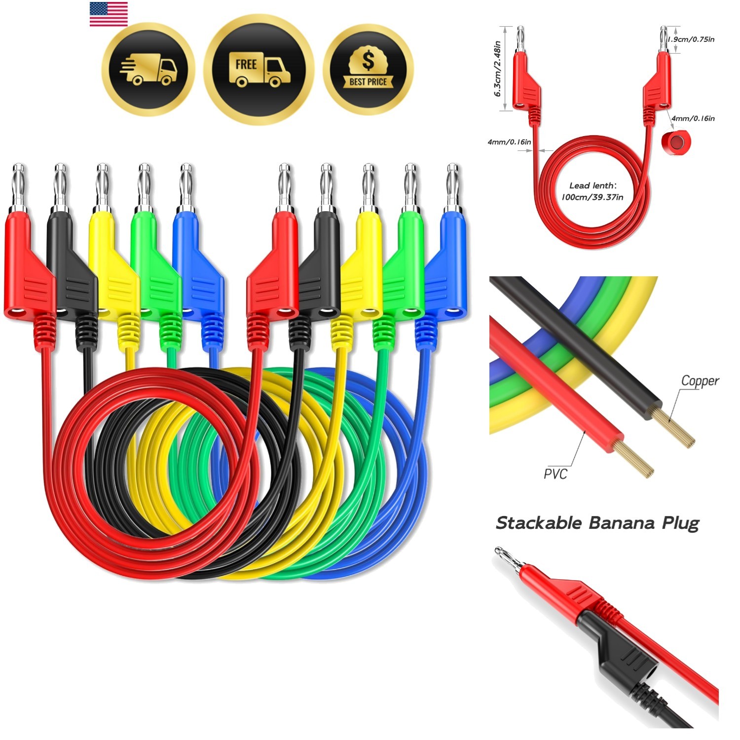 5PCS Stackable Banana to Banana Plug  Leads Soft Electrical  Cable Wire 3.3ft...