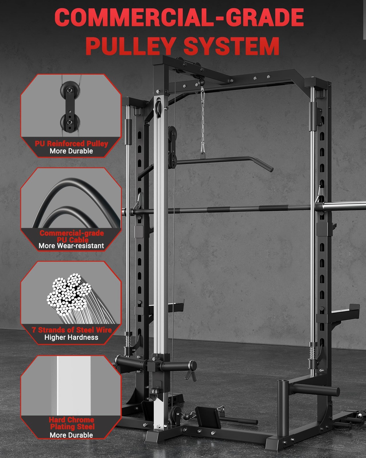 Smith Machine Power Cage w/ Barbell Bar, Cable System, LAT Pulldown for Home Gym