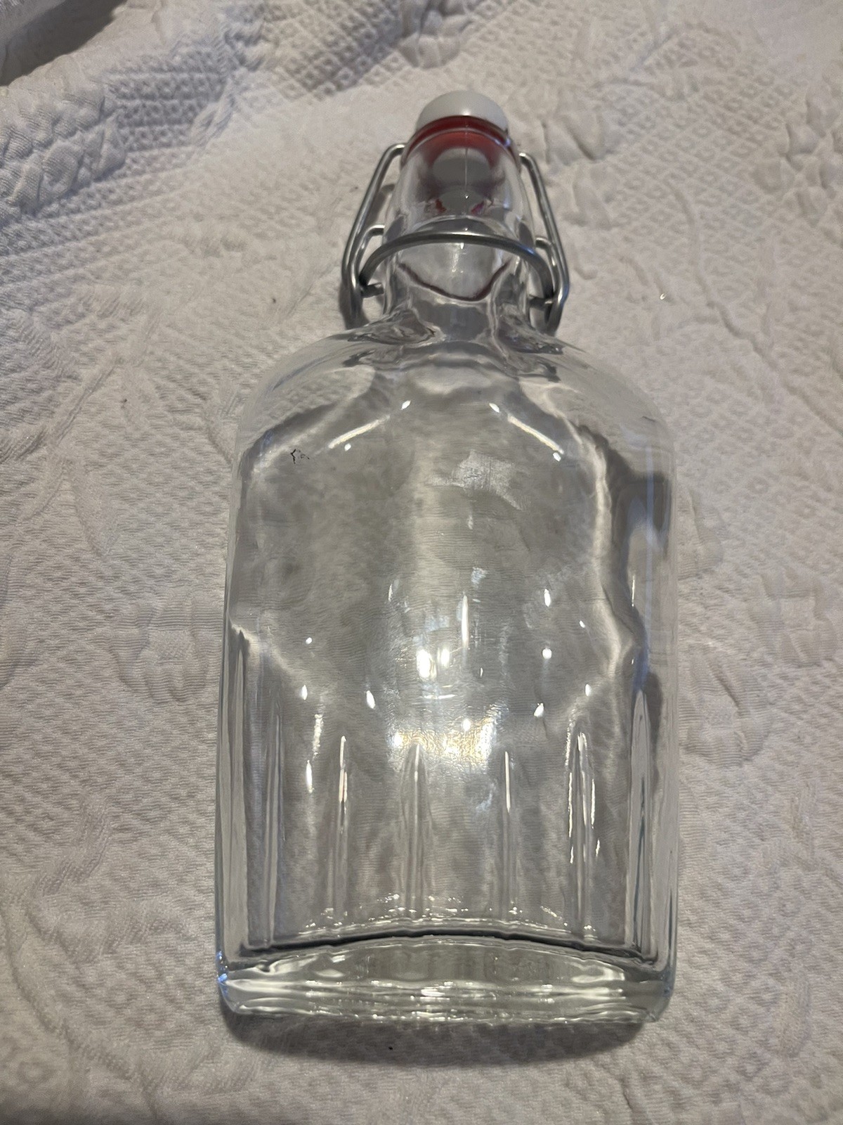 Vintage Italy Clear Glass Pint Whiskey Bottle With White Snap Close Cover 8”