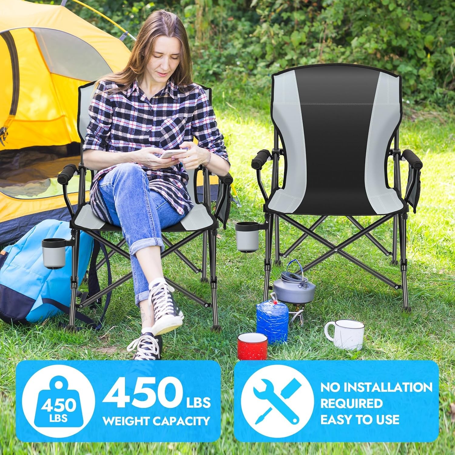 2 Pack Oversized Folding Camping Chair for Adults, Supports 450 LBS Camping Chai