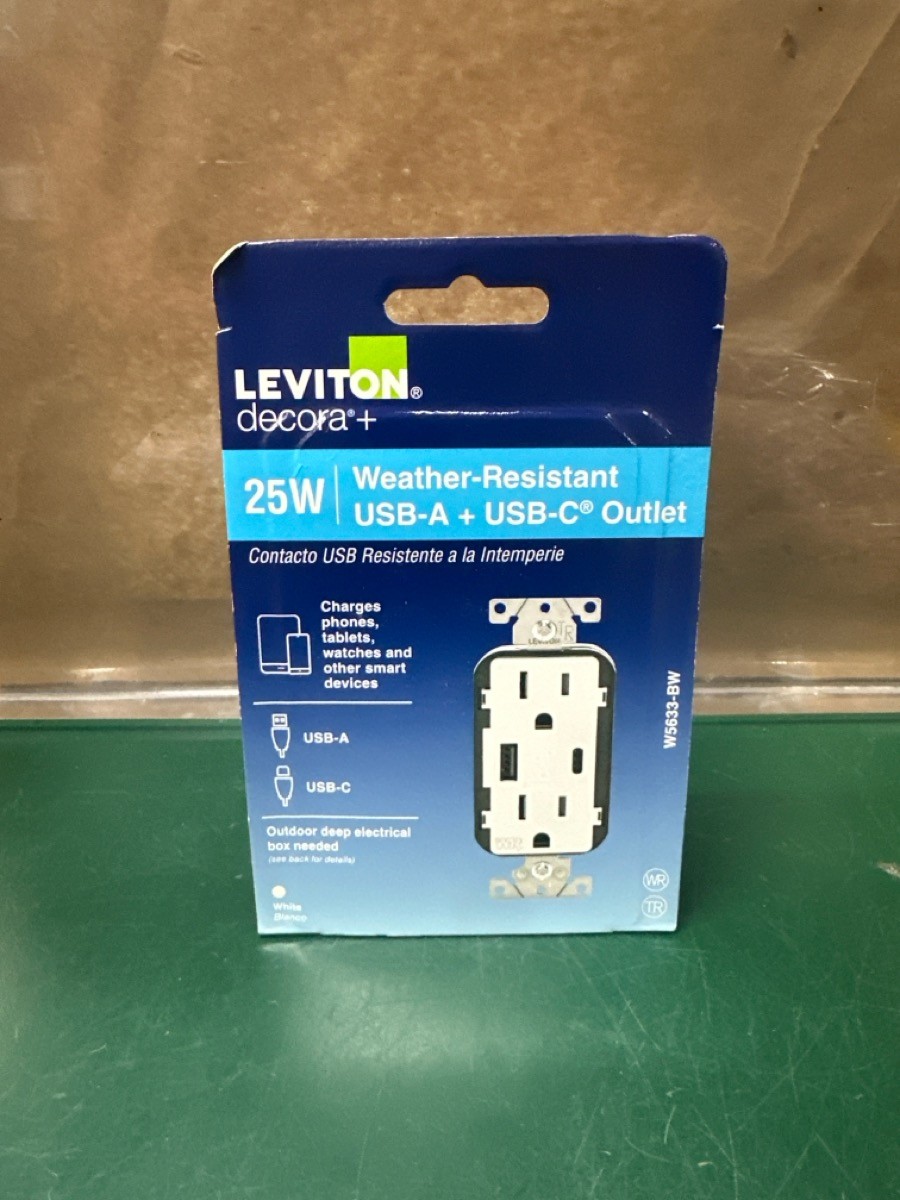 Leviton Decora+ W5633-BW 25W Weather-Resistant USB-A + USB-C Outlet (E10044546)