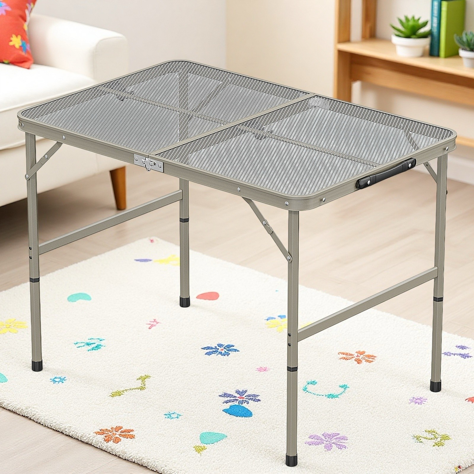 3ft Folding Camping Wire Mesh Table - Adjustable Aluminum Frame Picnic Dark Gray
