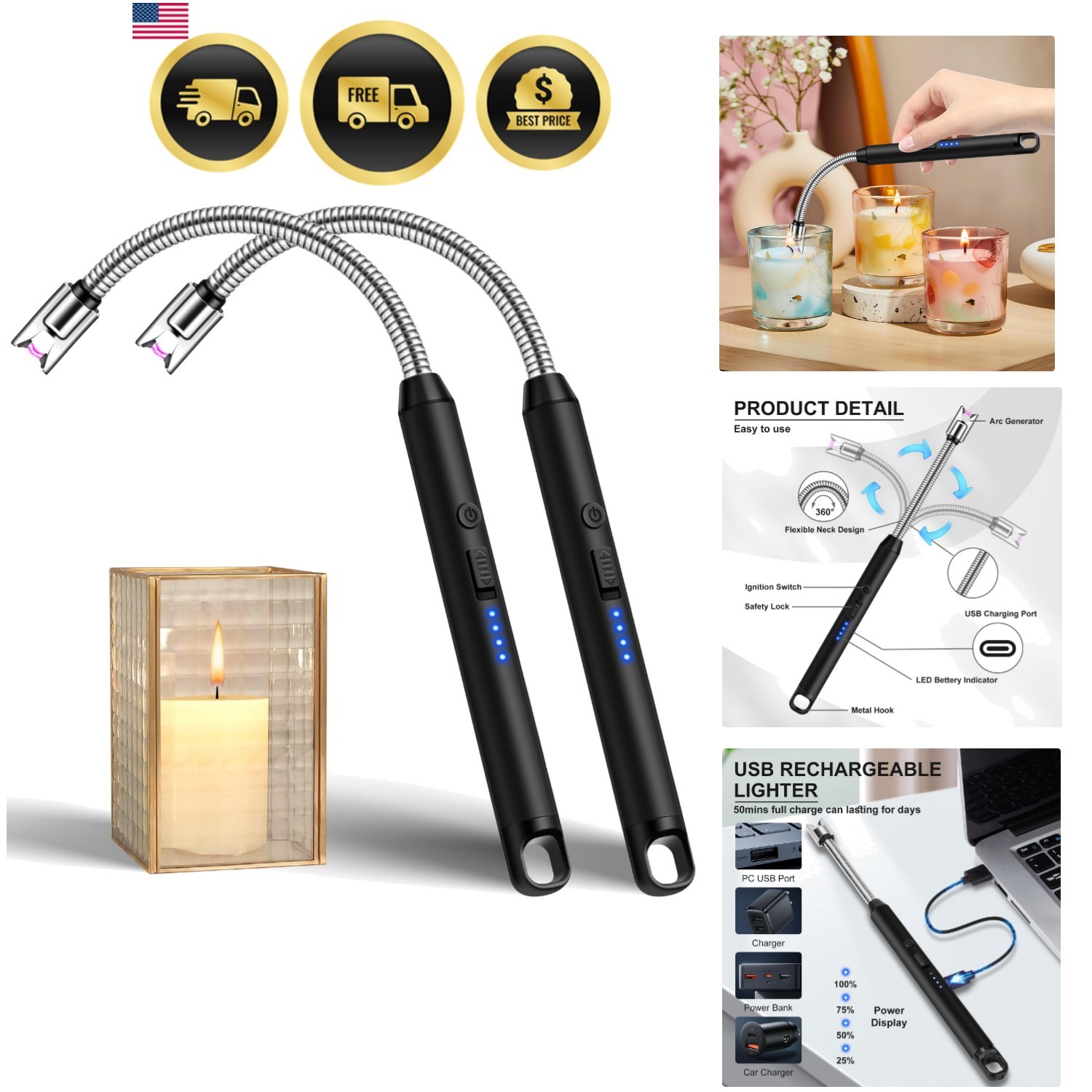 2 Pack Candle Lighter Windproof USB C Rechargeable Electric Lighters with 360...