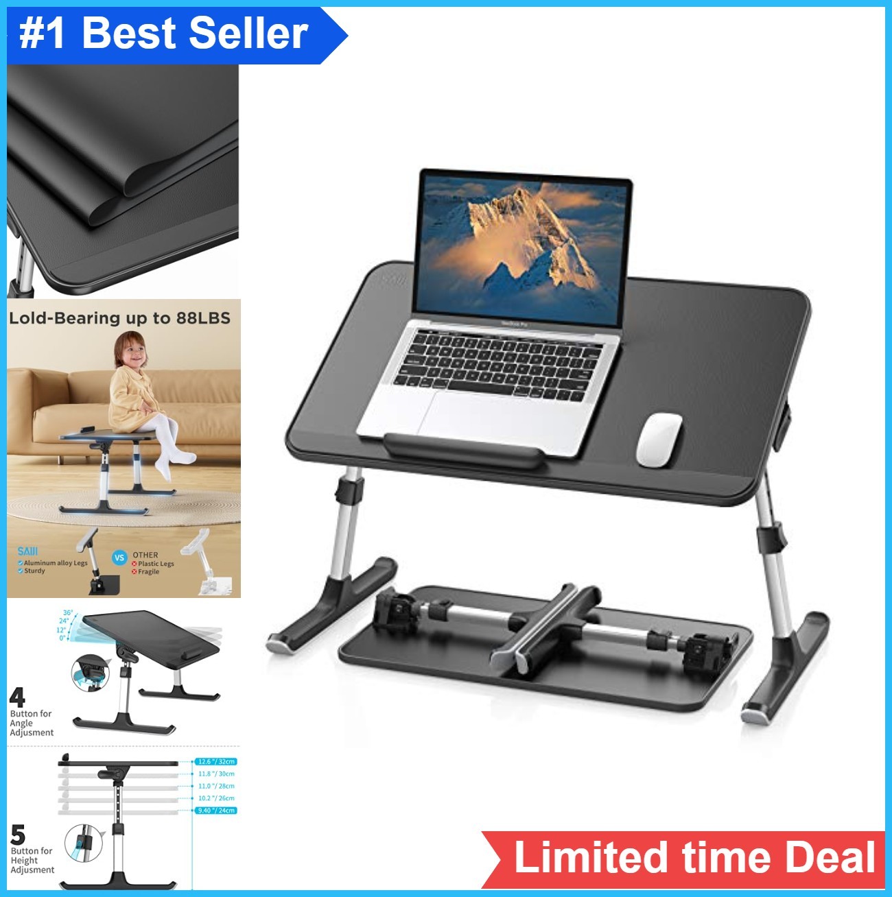 Laptop Bed Tray Desk Adjustable Height Angle Foldable Portable Leather Non-Slip