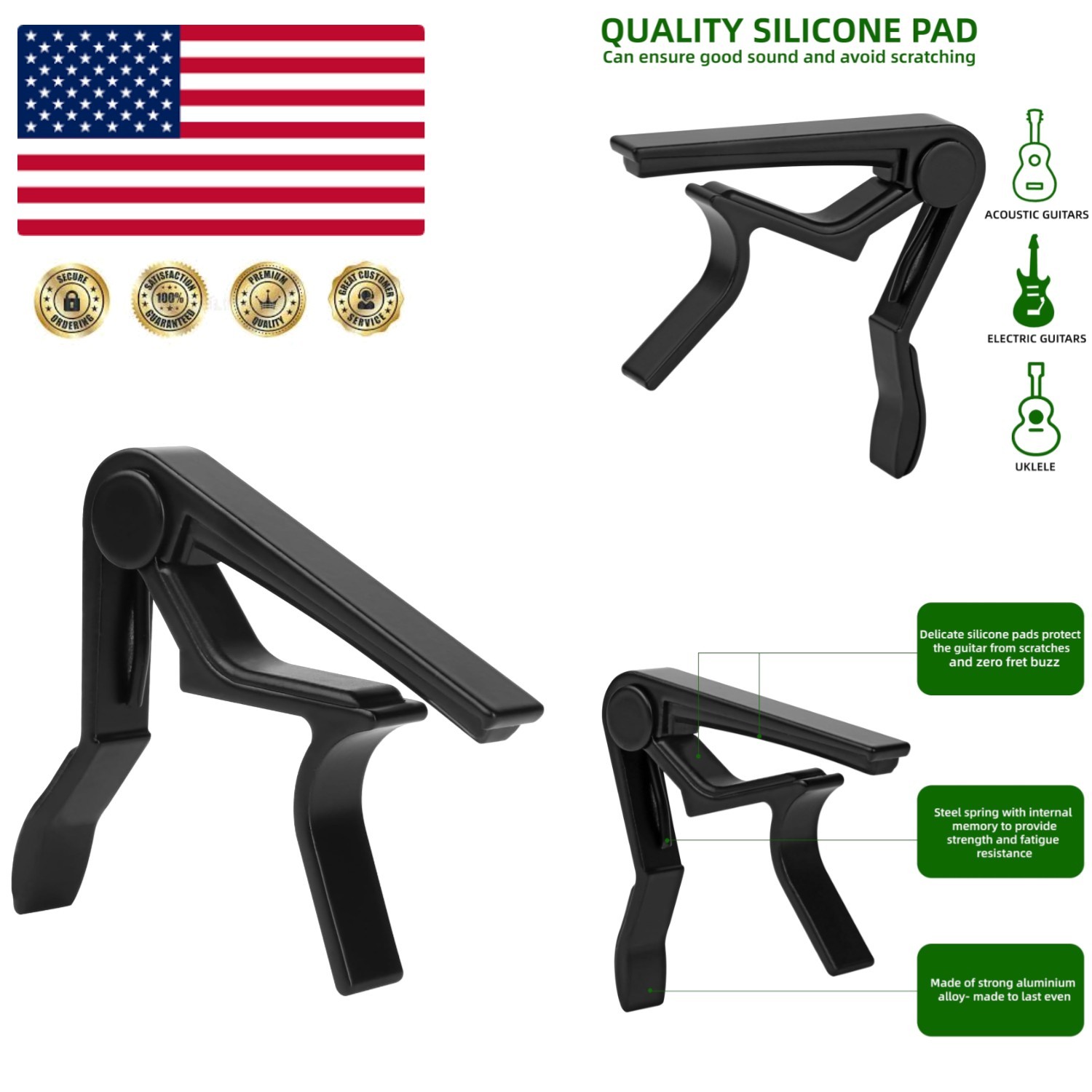Versatile Professional Capo for 6 String Guitars & Ukuleles - Quick Change