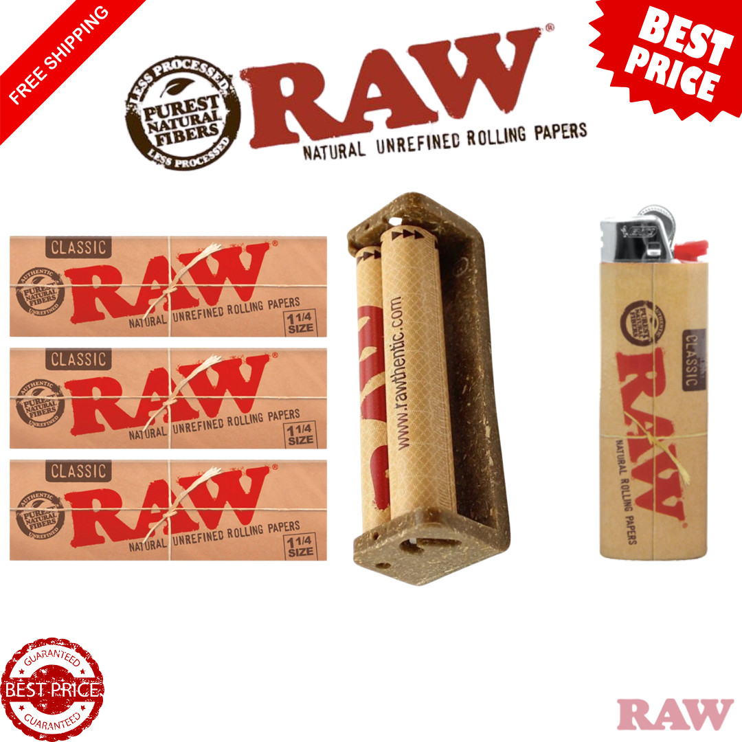 RAW  Rolling Paper Kit | 3-Pk 1 1/4 Papers + 79mm Roller + BIC Lighter