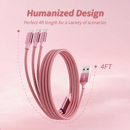 Multi Charging Cable, 3 in 1 Charging Cord for Multiple 3IN1-4FT2Pack 2 Pink