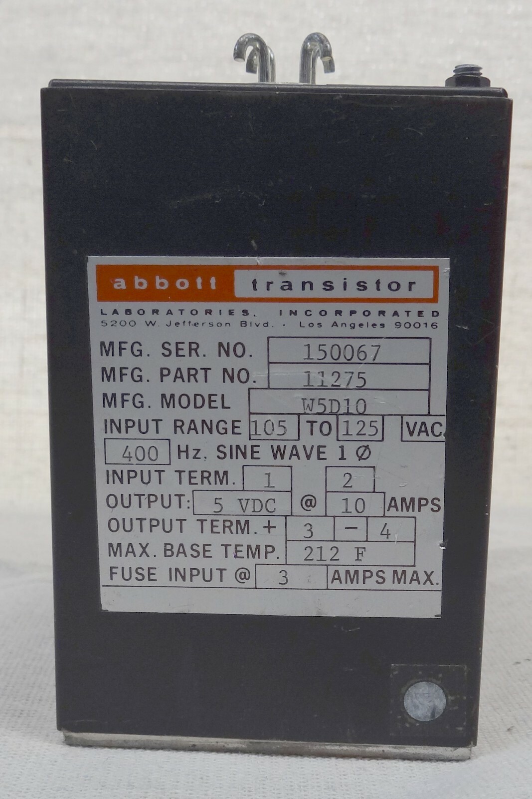 Abbott Labs Transistor Model W5D10 400 HZ Ouput 5 vdc @ 10 amps