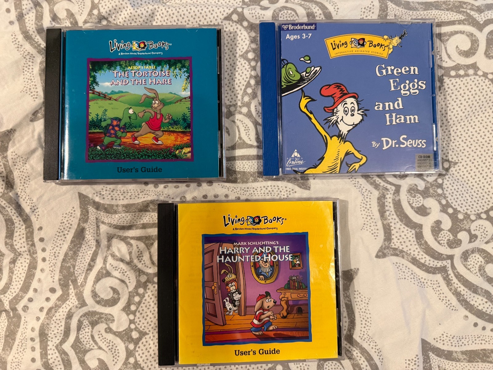 3 Living Books PC CD Green Eggs & Ham Harry Haunted House Tortoise Hare 1994 VG