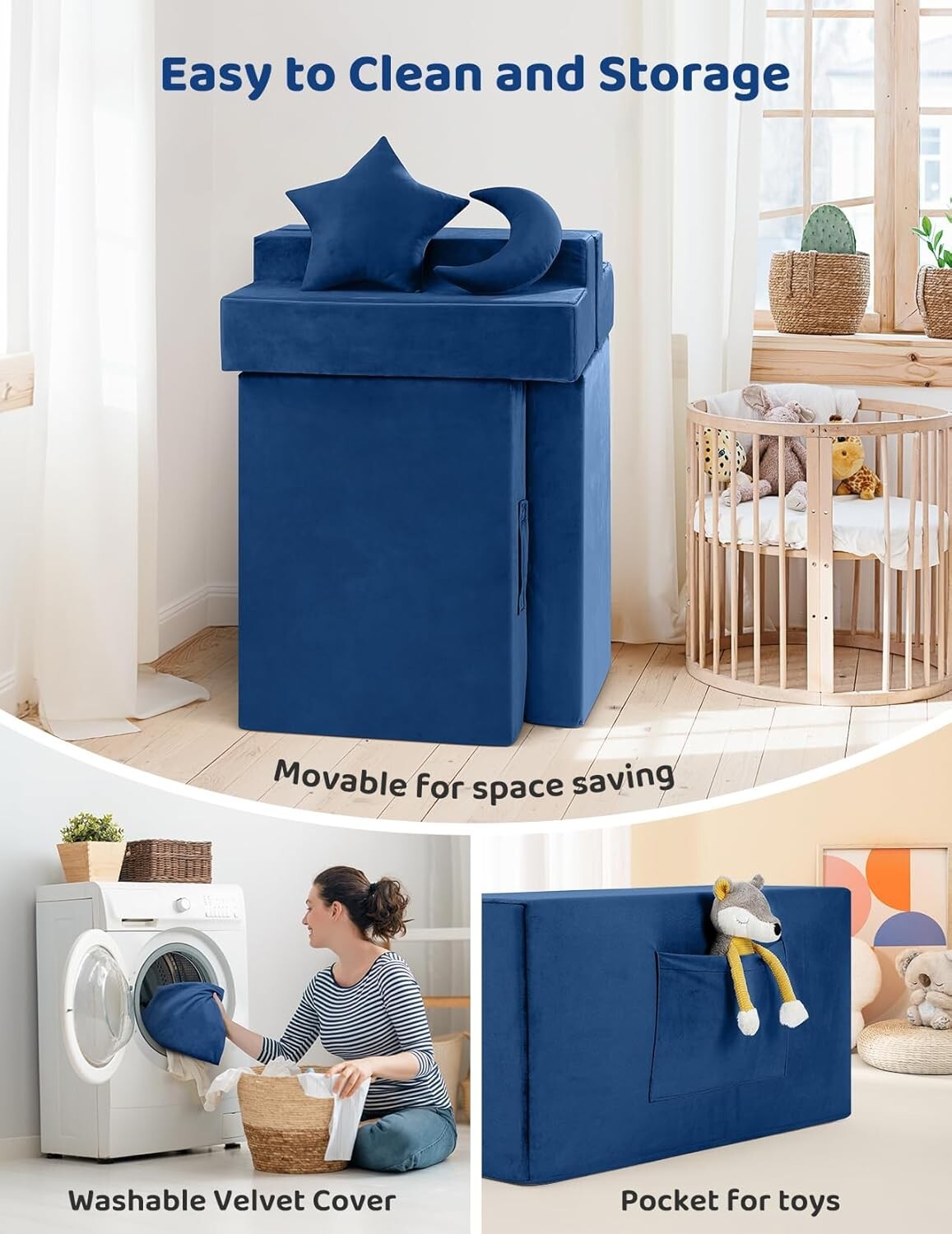 Modular Kids Play Couch - Safe Washable Velvet & Convertible Rocking Horse