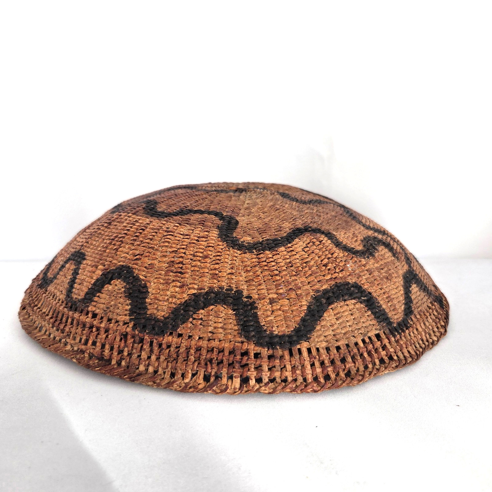 Vintage Hand Woven 11" Round Basket with Black Primitive Design