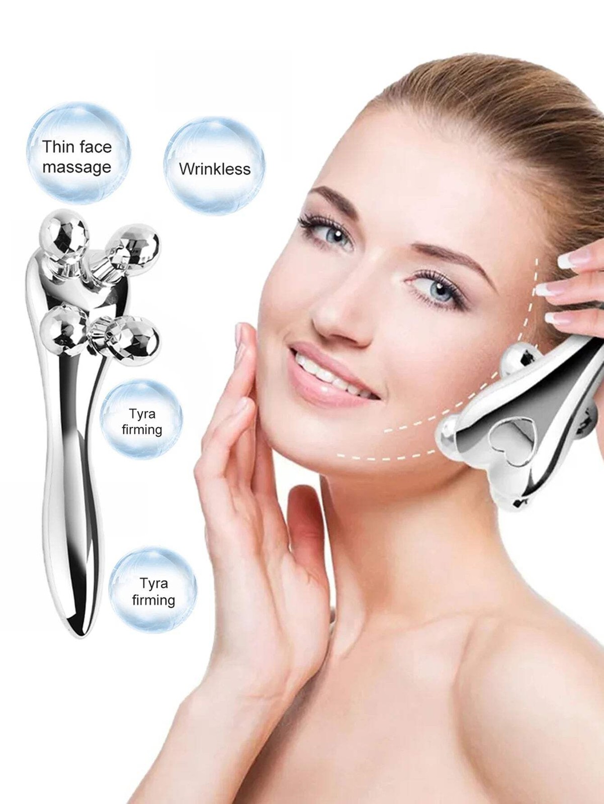 4D Y-Shaped Face-Lift Roller – Silver Facial Massager for Wrinkles, Eye, Neck &