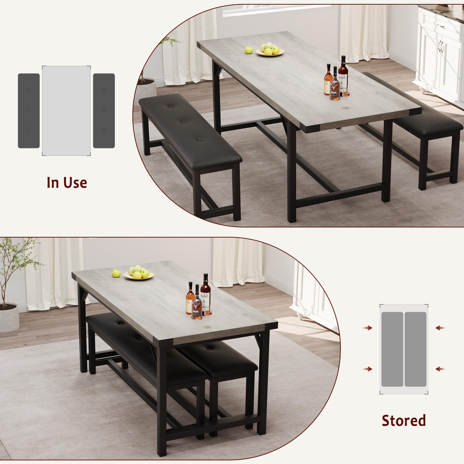 3PC Extendable Dinner Table Home Dining Table Set ,Kitchen Table and 2 Benches