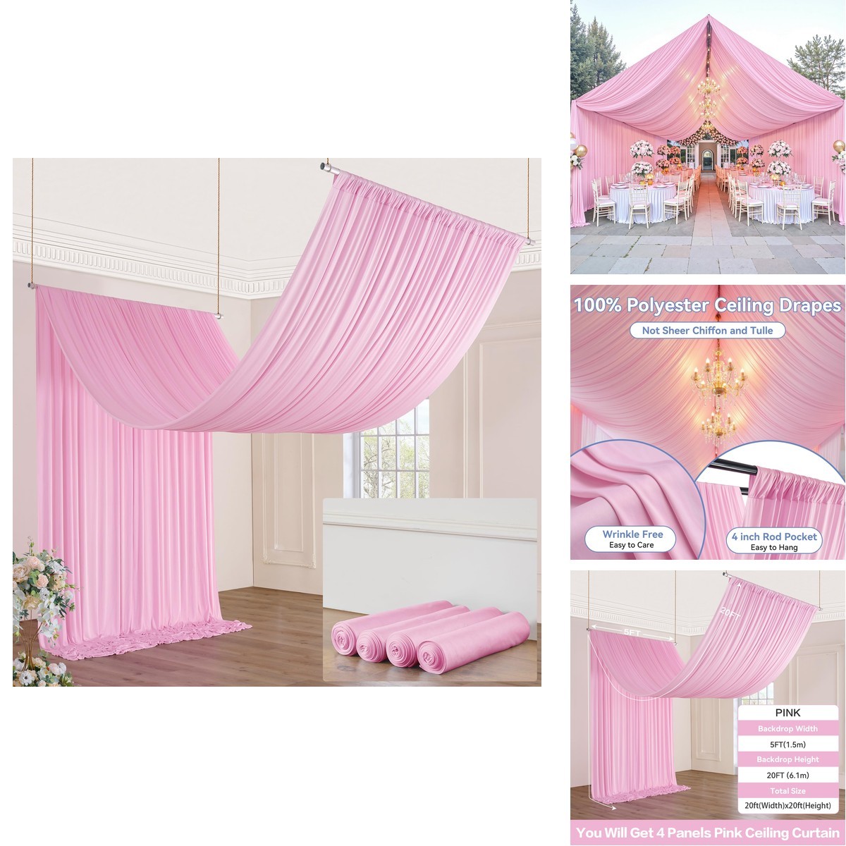 NSSONBEN 20ftx20ft Baby Pink Ceiling Drapes 4 Panels 5x20ft Silk for Wedding