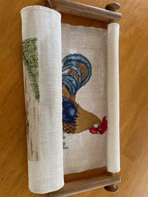 Wooden Embroidery Scroll with Completed Crossstitch Rooster
