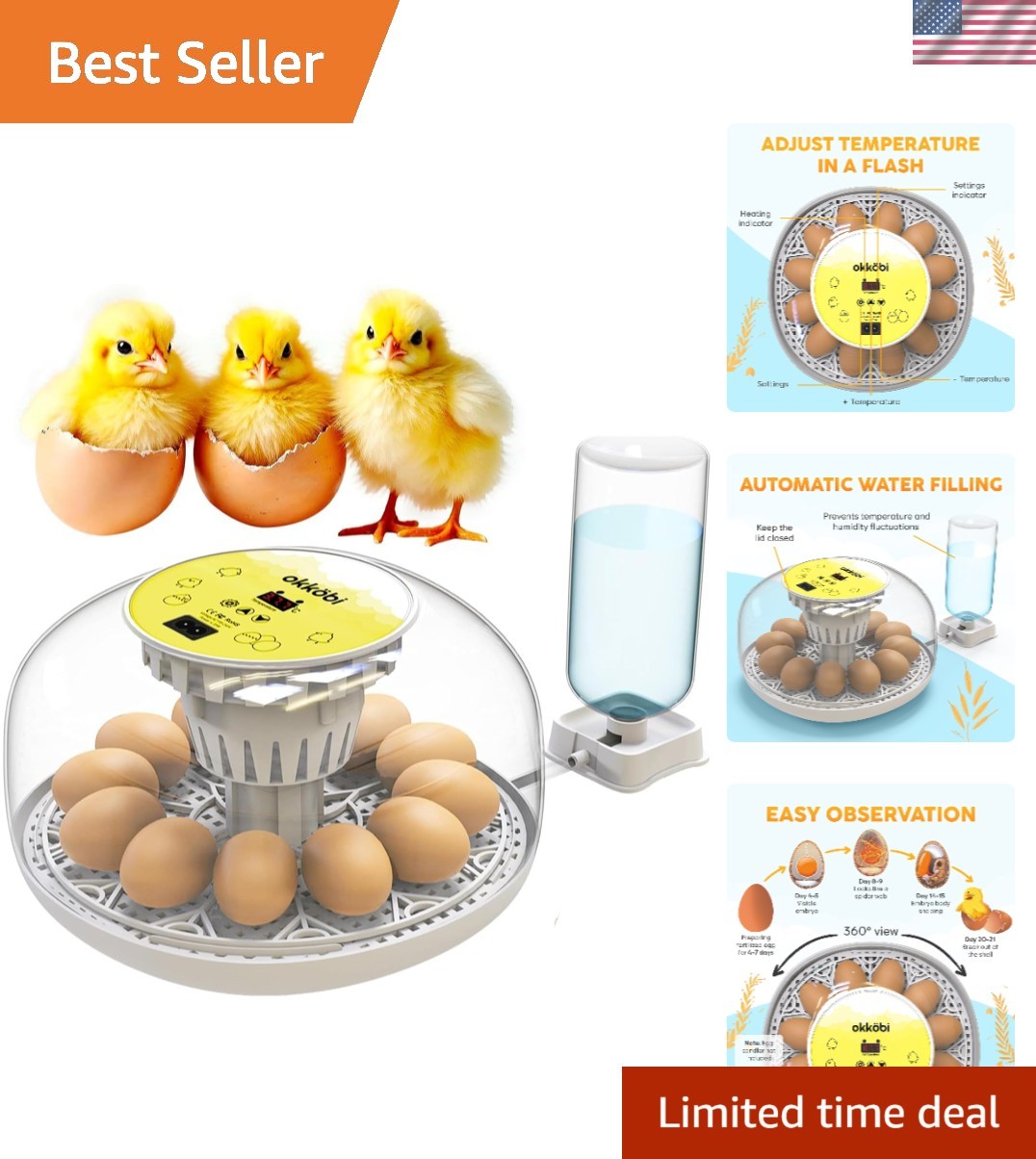 Okkobi M12 Egg Incubator with Automatic Turner and Humidity Control - 12/24 E...