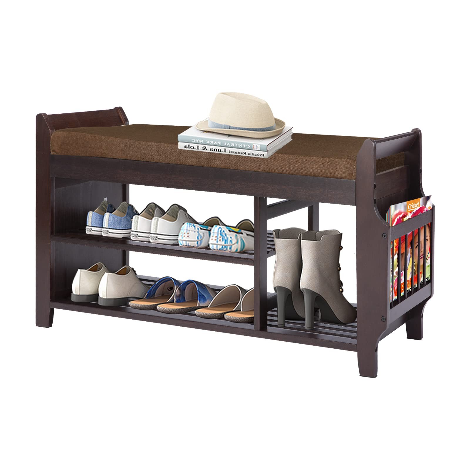 Furfimu Entryway Shoe Bench Bamboo Seat 2-Tier Shoe Bench Removable Brown