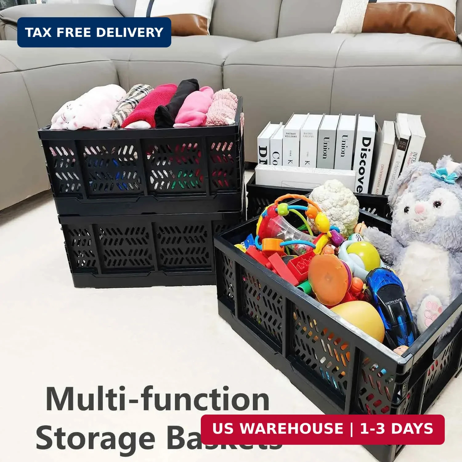 4-Pack Plastic Storage Crates,20L Foldable Baskets,Collapsible Crates, Storage B