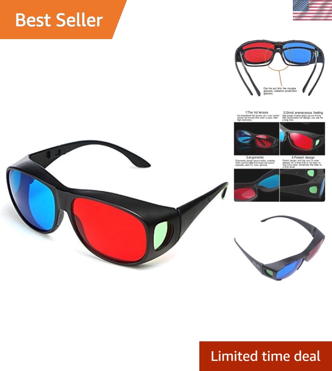 BIAL Red Blue Cyan Anaglyph 3D Glasses for Movies Games Simple Style