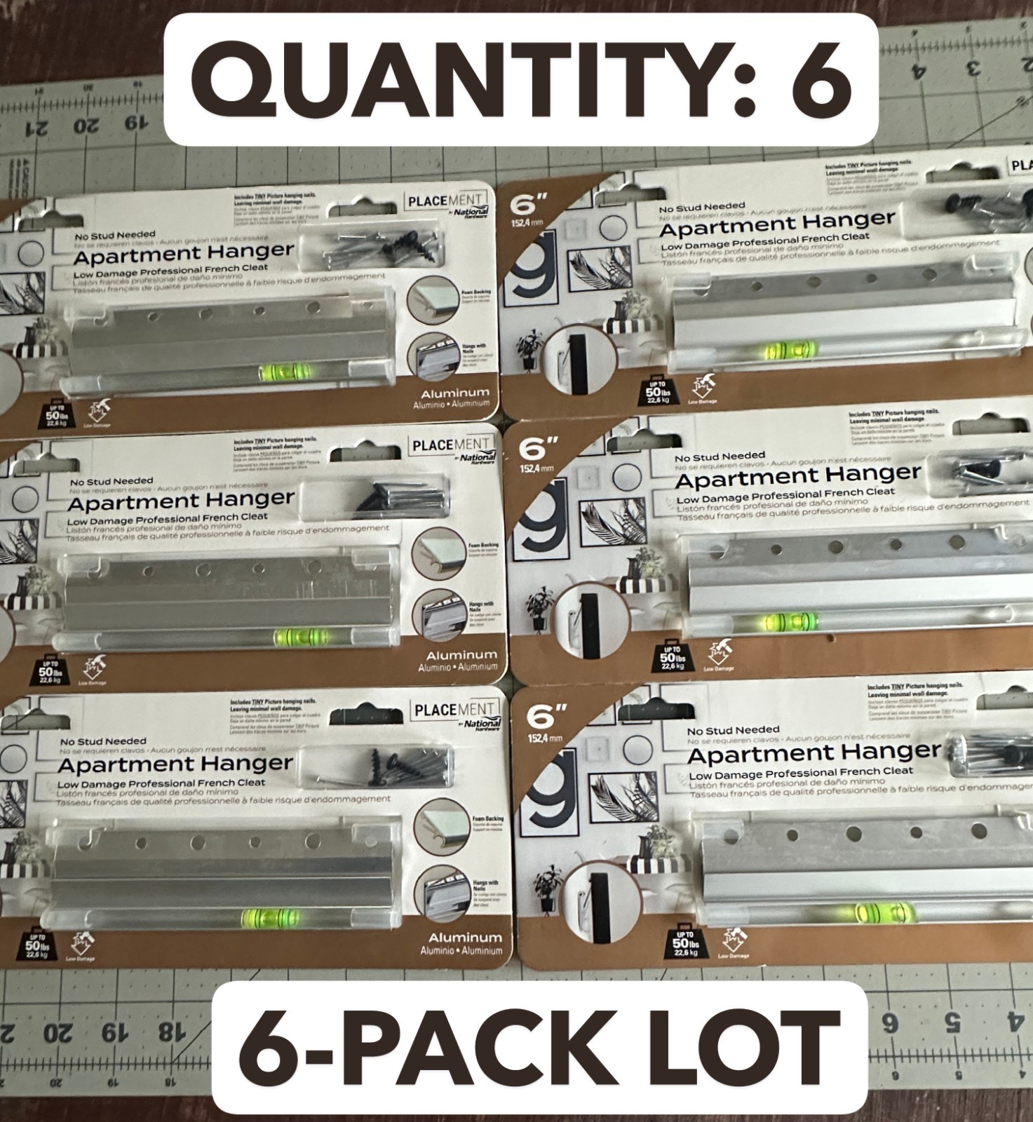 6-PACK lot National Hardware N260-123 6" Apartment Picture Hanger w/ Level 50LB