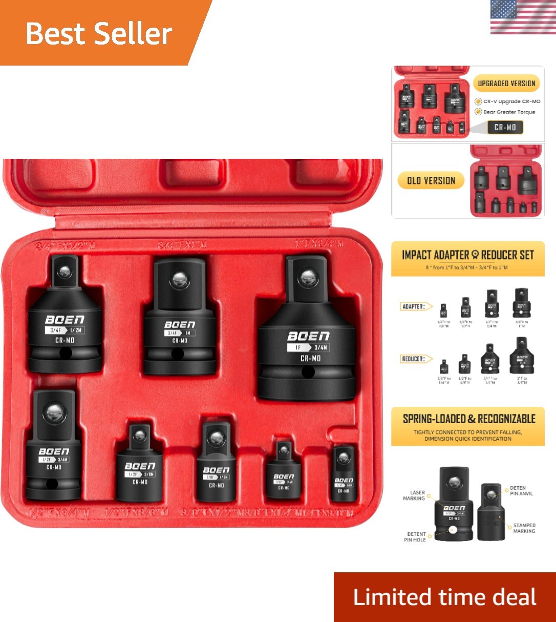 8 Piece Impact Socket Adapter and Reducer Set, 1/4" 3/8" 1/2" 3/4" Drive Sock...