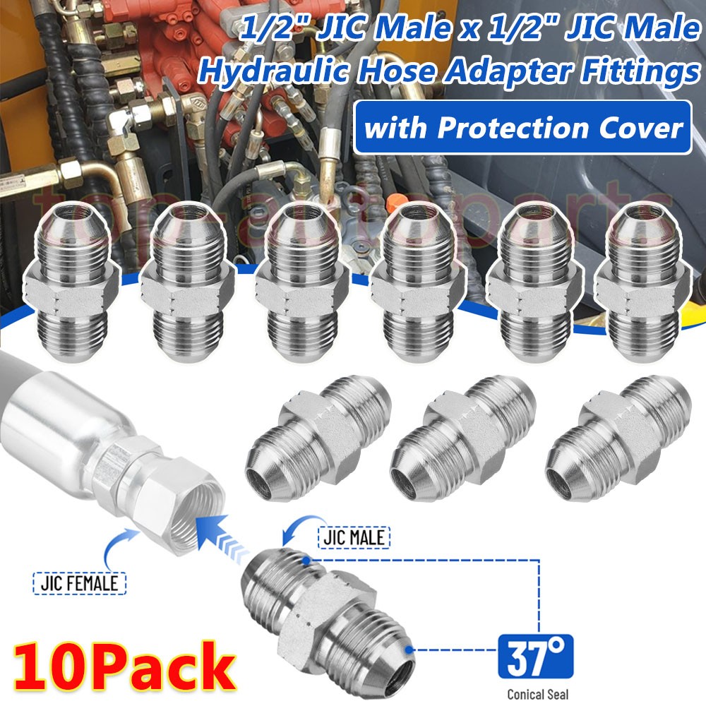 10 Pack Hydraulic Hose Adapter Fittings: 1/2" JIC Male x 1/2" JIC Male w/ Cover