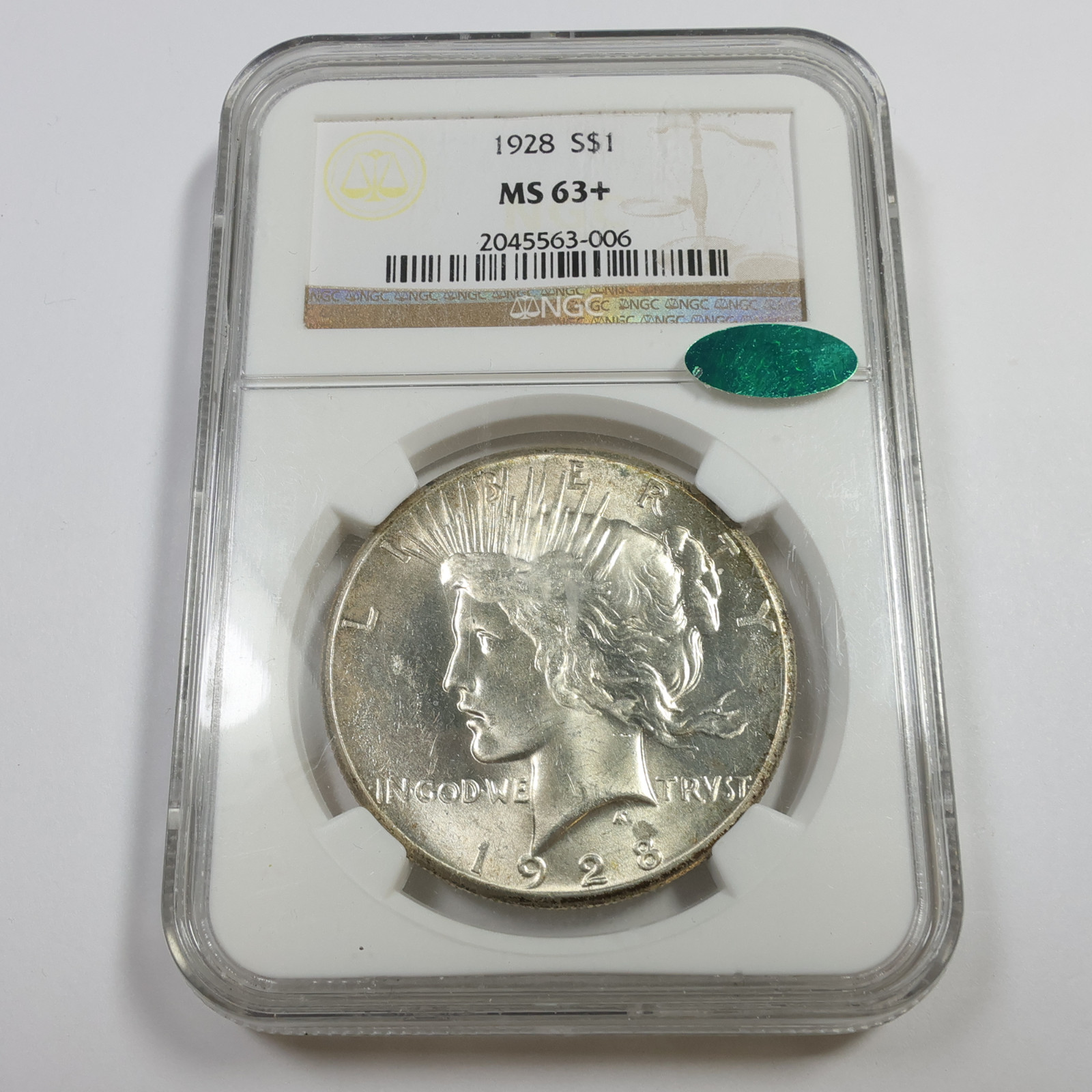 1928 P NGC CAC MS63 + PLUS - Silver Peace Dollar $1 US Coin #56133A