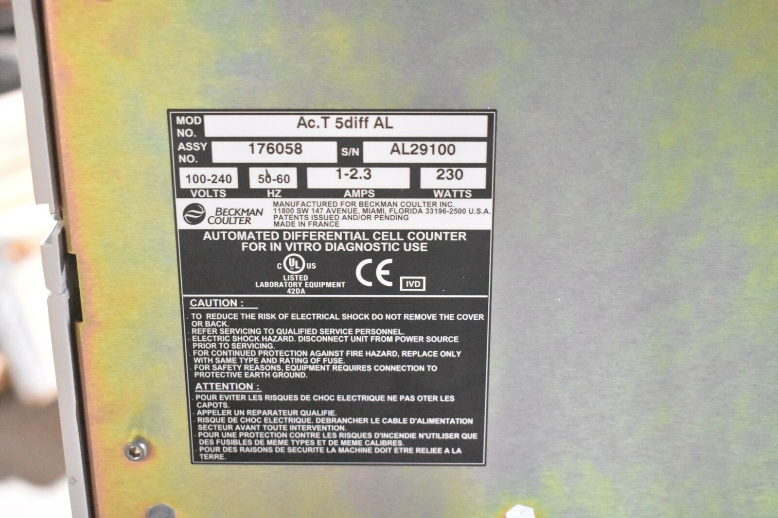 BECKMAN COULTER AC. T 5DIFF AL ASSEMBLY NO. 176058 HEMATOLOGY ANALYZER