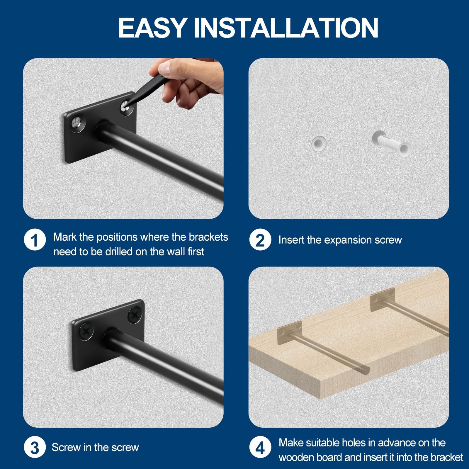 8 Pcs 6" Black Solid Steel Floating Shelf Bracket Blind Shelf Supports - Hidden