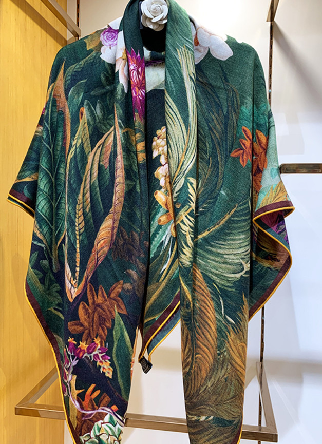 75% Cashmere 25% Silk Bandana Wrap Green forest Print Double Face Scarf 53'' new