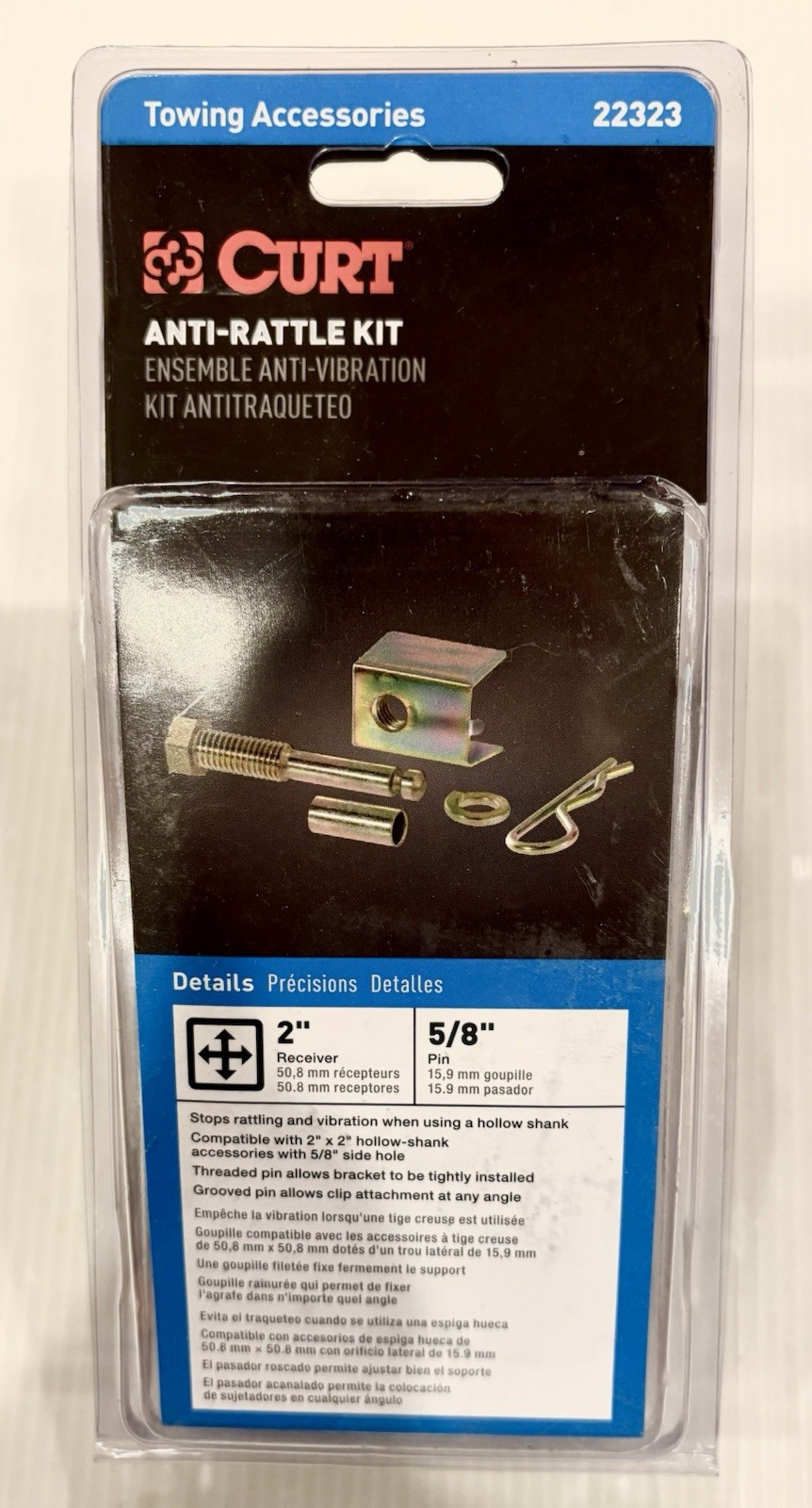 Curt 22323 Anti-Rattle Hitch Pin & Shim 2" Receiver 5/8" Hole Brand New