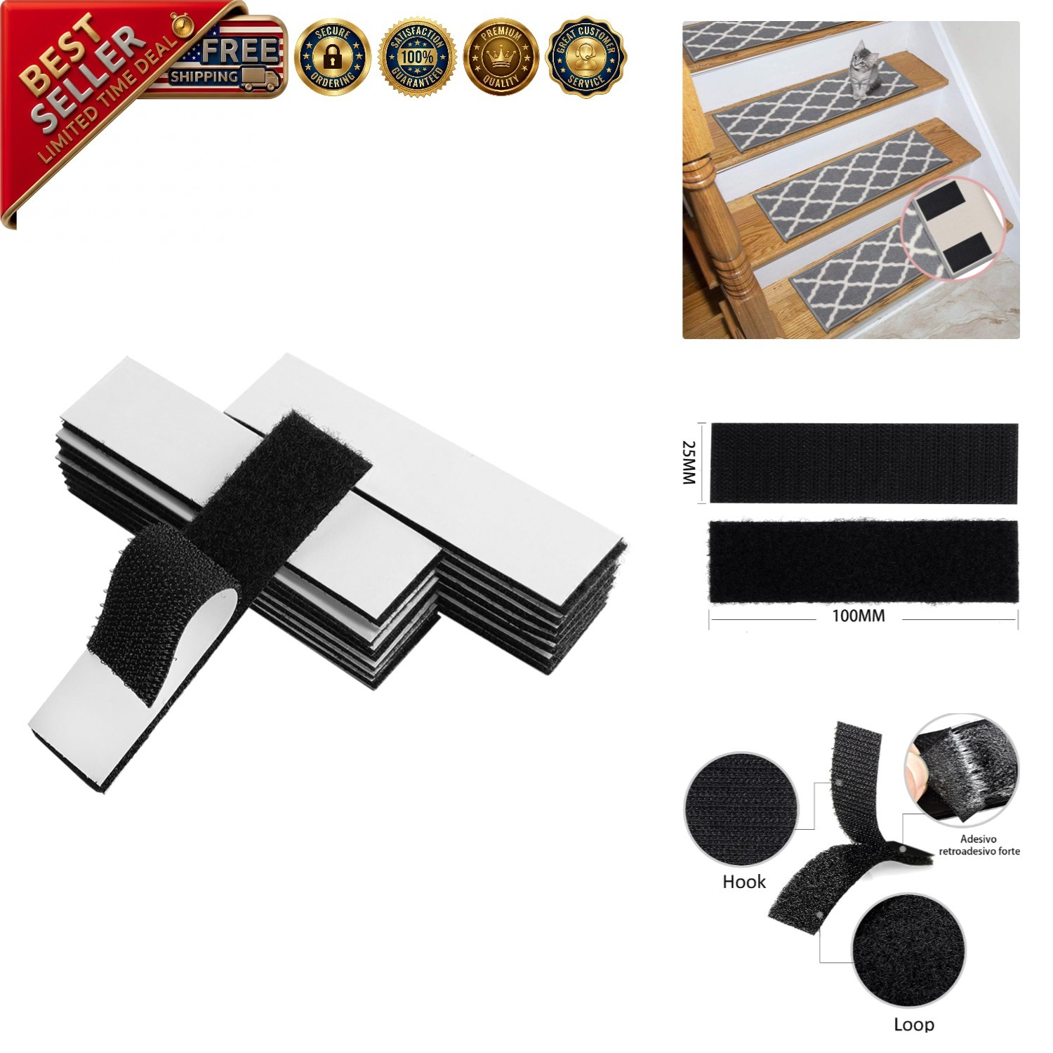 Durable Self-Adhesive Hook & Loop Strips - 1x4 Inch, Perfect for Home & Office