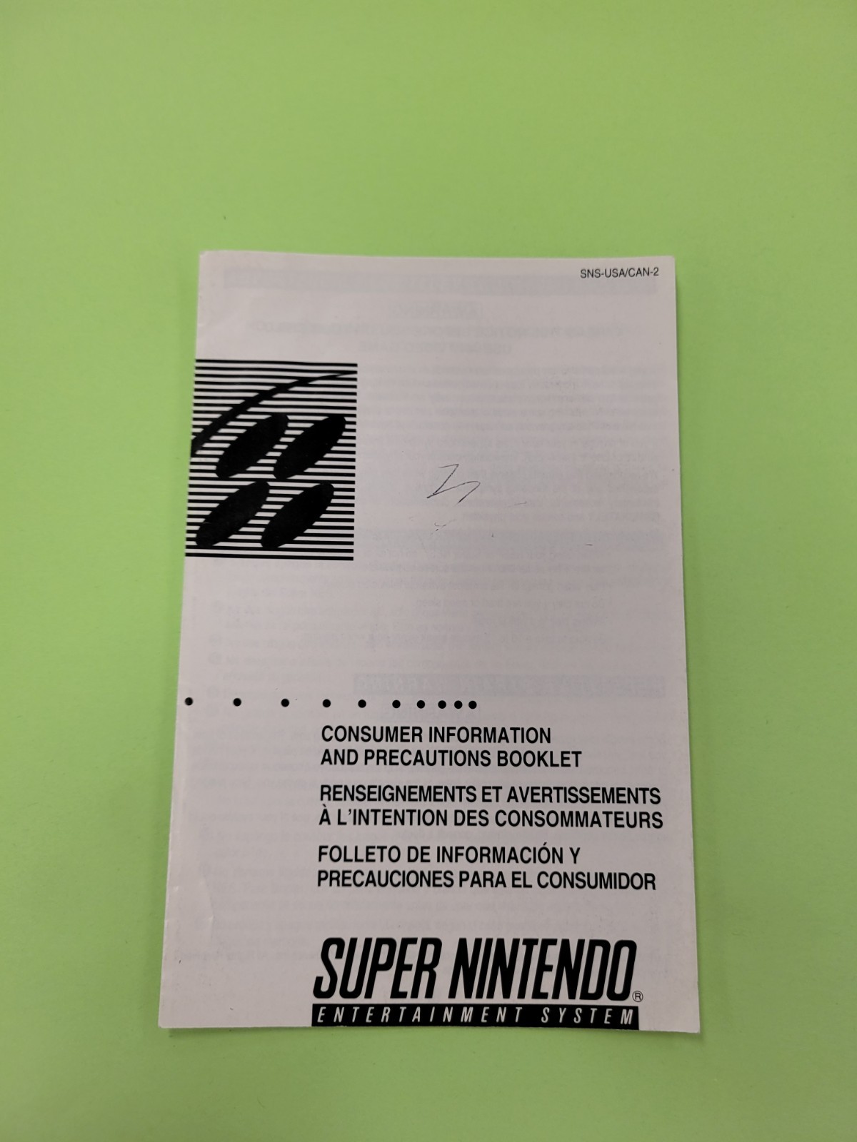 Super Nintendo Precaution SNS-USA/CAN-2 INSERT ONLY Authentic Nintendo