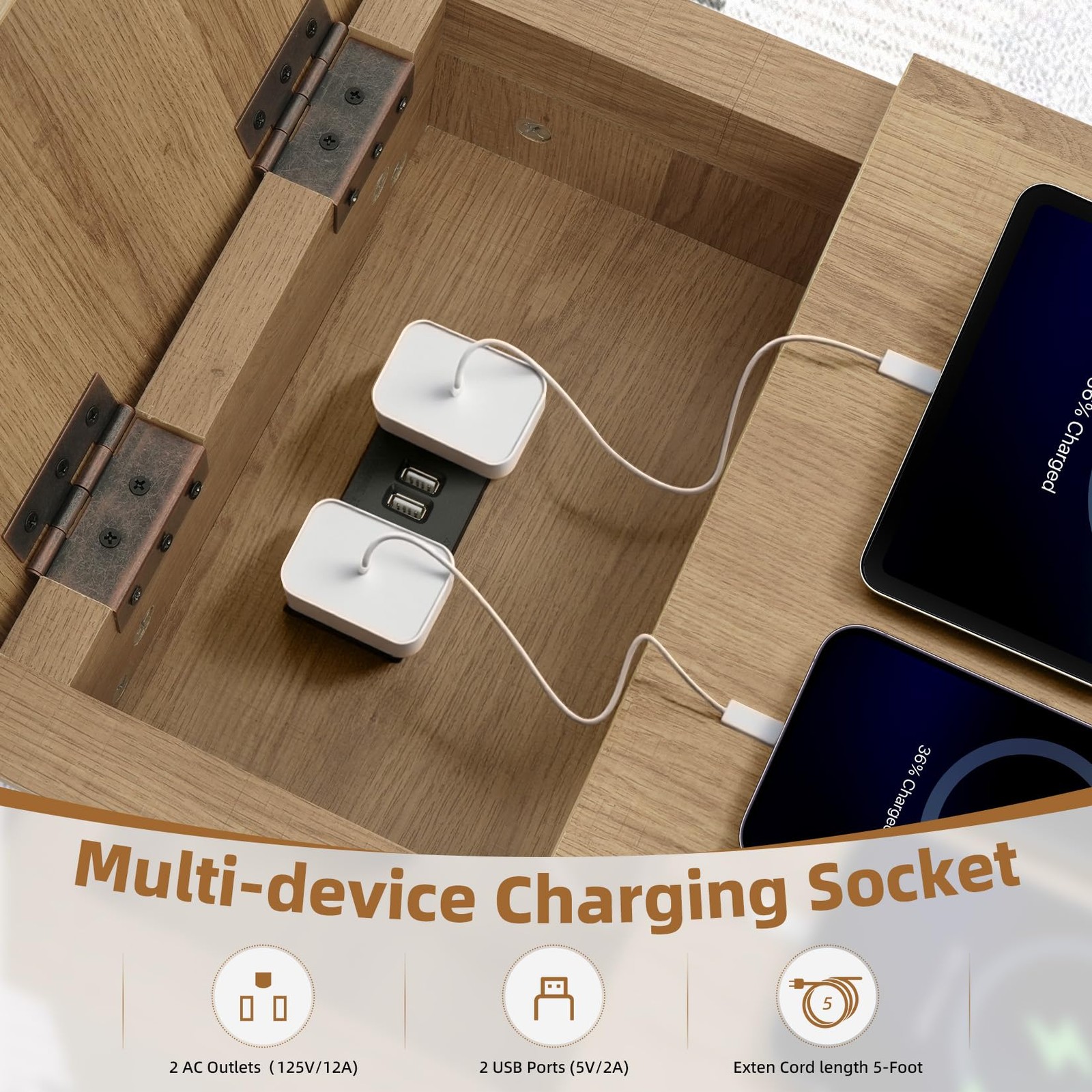 Farmhouse End Table with Charging Station, Rustic Wooden Nightstand with USB ...