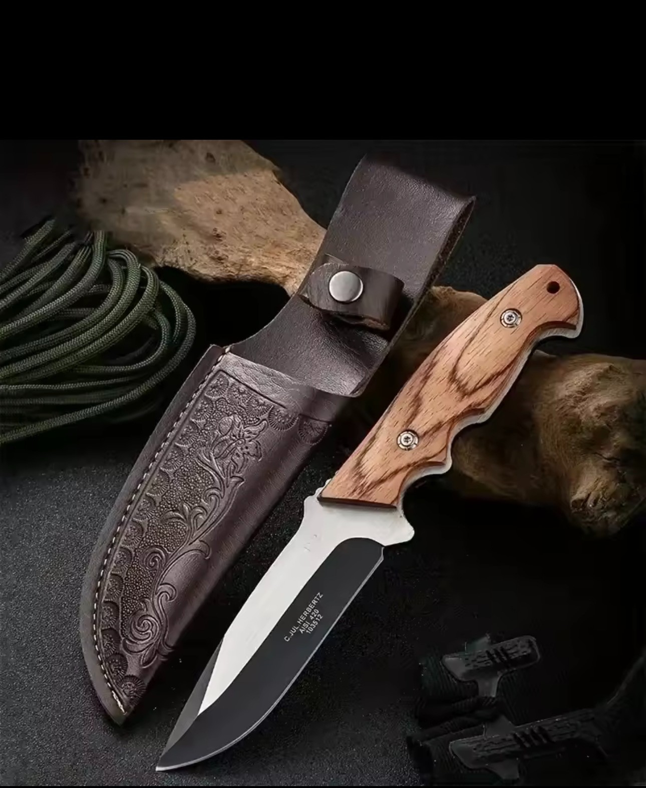 Fixed Blade Hunting Knife with Leather Sheath Wood Handle Outdoor Survival Knife