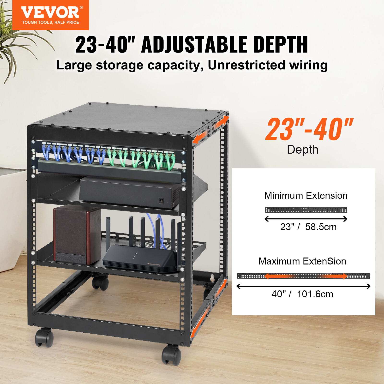 VEVOR 12U 4 Post Open Frame Server Rack Network Enclosure 15''-40'' Adjustable
