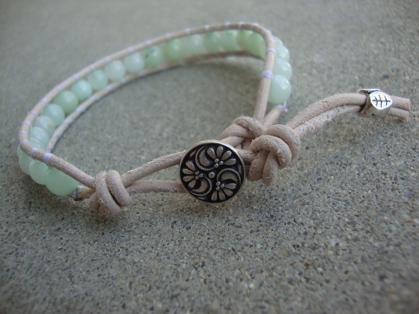 Seafoam Quartz Gemstone Bead Wrap Leather Bracelet handmade USA