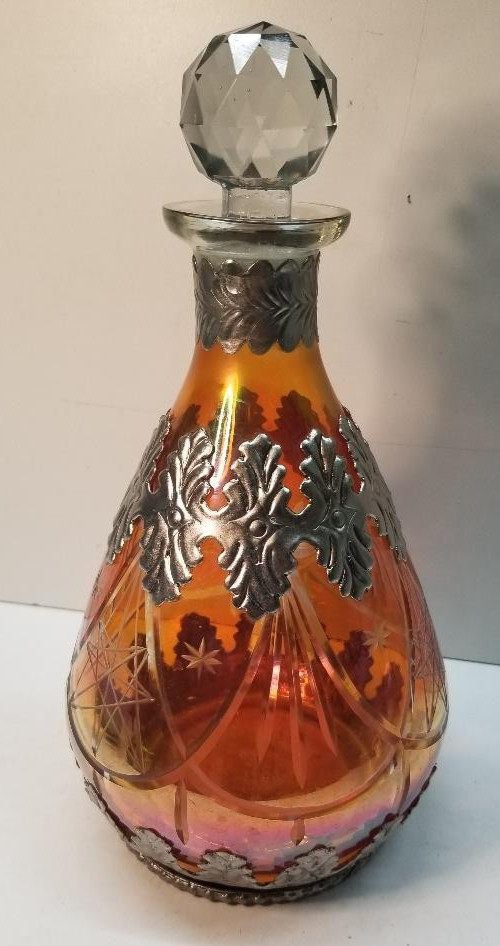 Decanter Circa 1900’s Made in Germany Cut Glass Silver Overlay Red Pink Orange