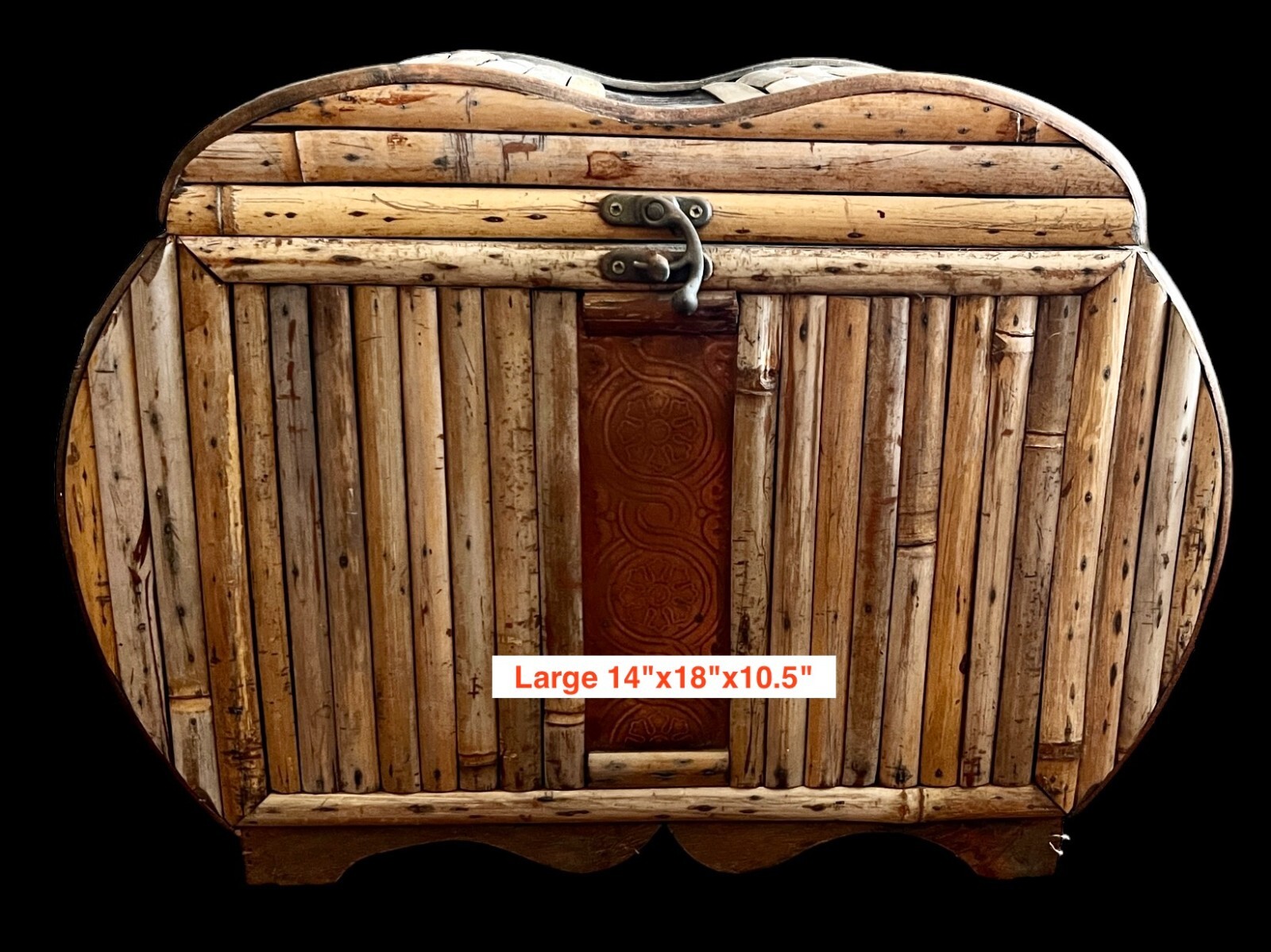 Vtg LARGE 14"x18"x10.5"  Split Bamboo Storage Trunk Chest w/Stmpd Copper Accent
