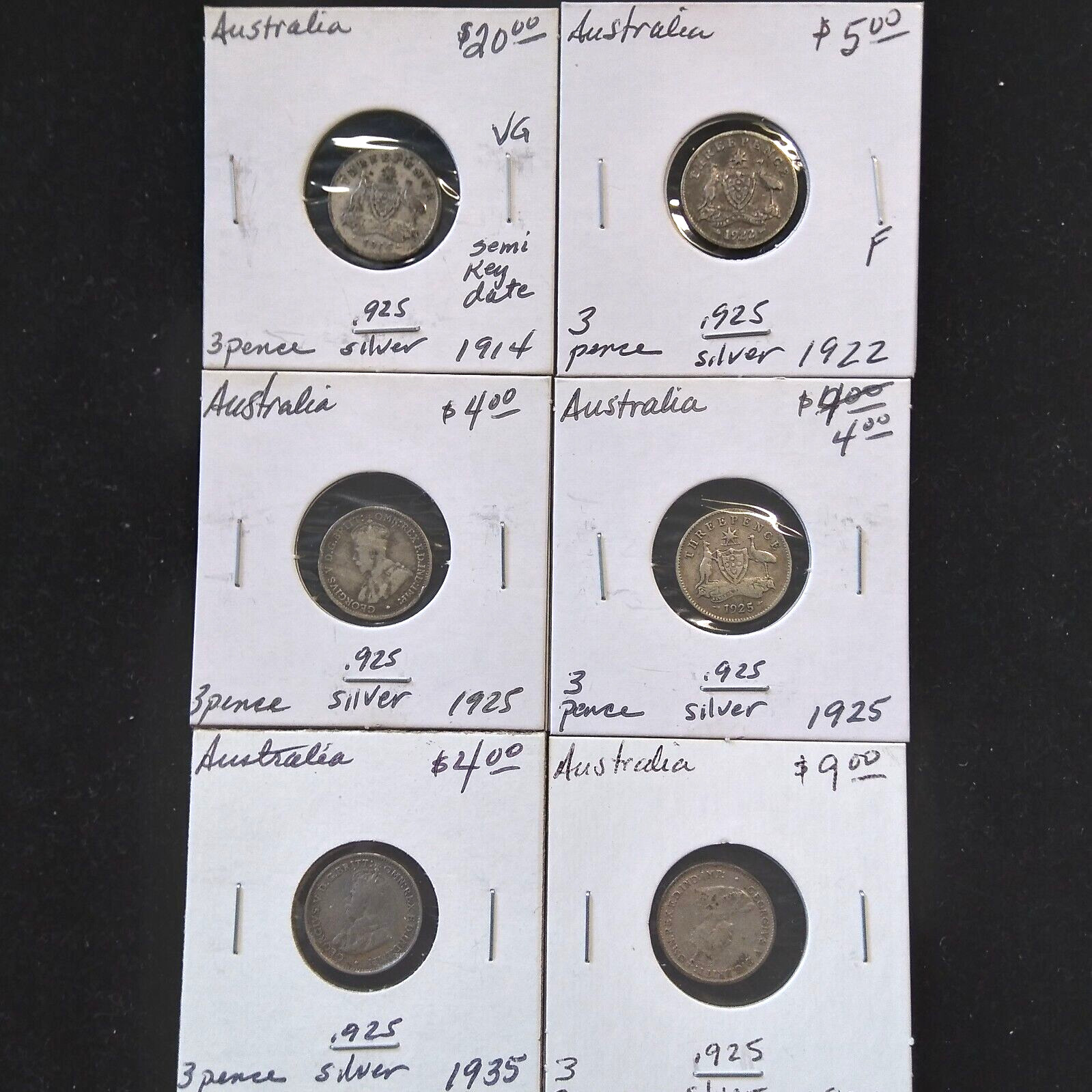 Lot of 6 Austrailia 3 Pence Silver Coins (1914-1936)