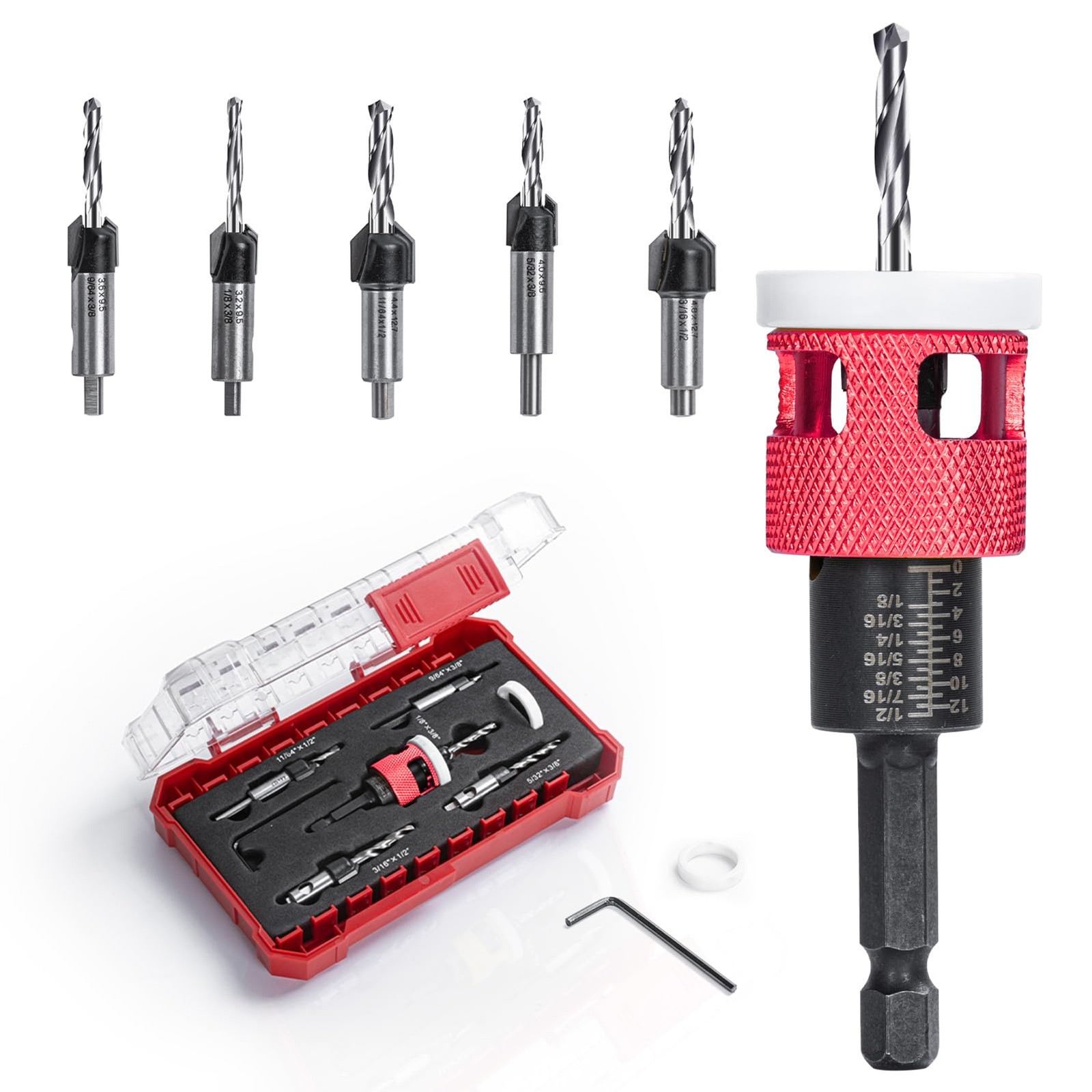 5 Pcs Countersink Drill Bit Set with Low Friction Depth Stop, HSS M2 Bits Tapere