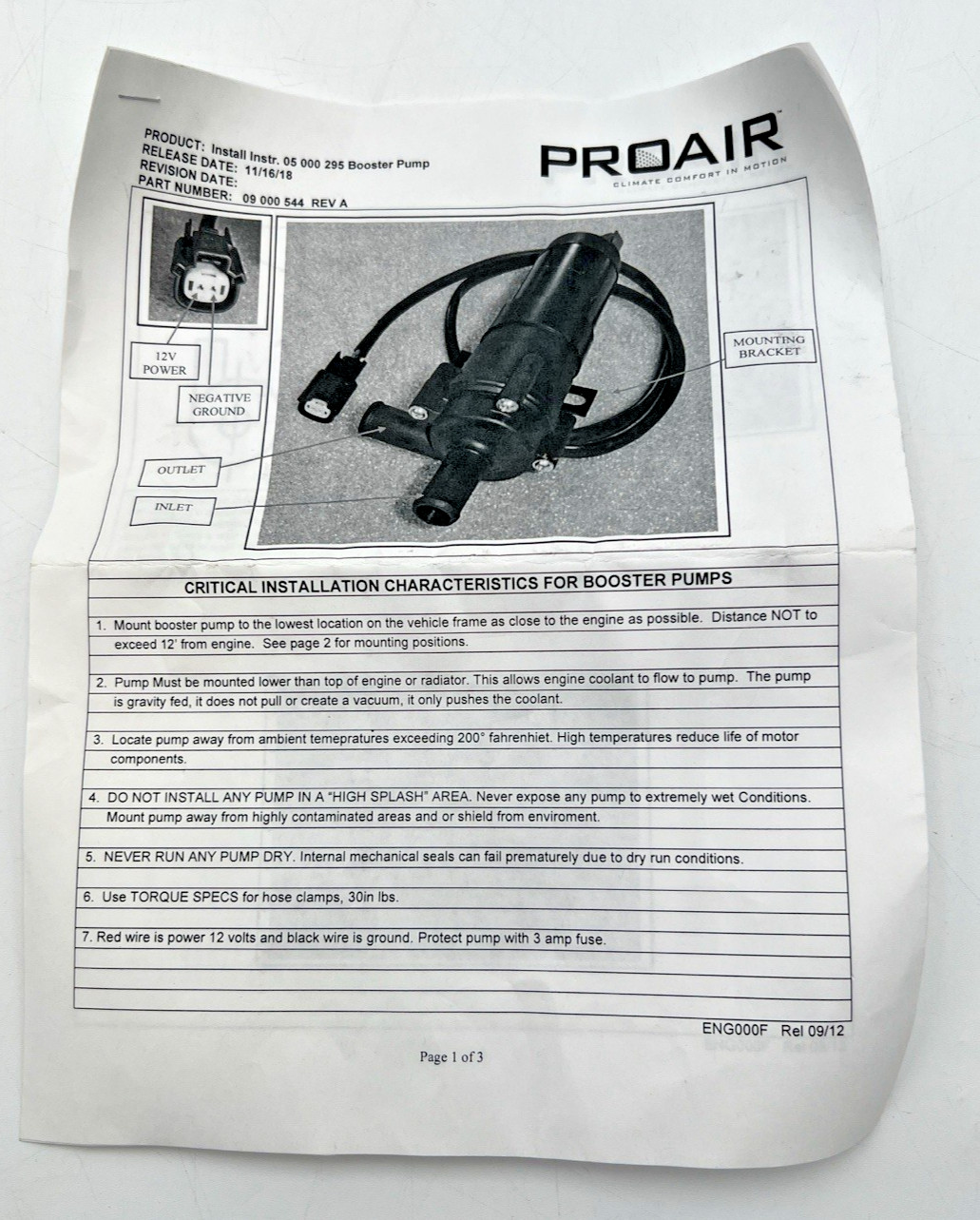 PROAIR 05-000-295 12V BOOSTER PUMP KIT WITH WIRE HARNESS, BRACKET, INSTRUCTIONS