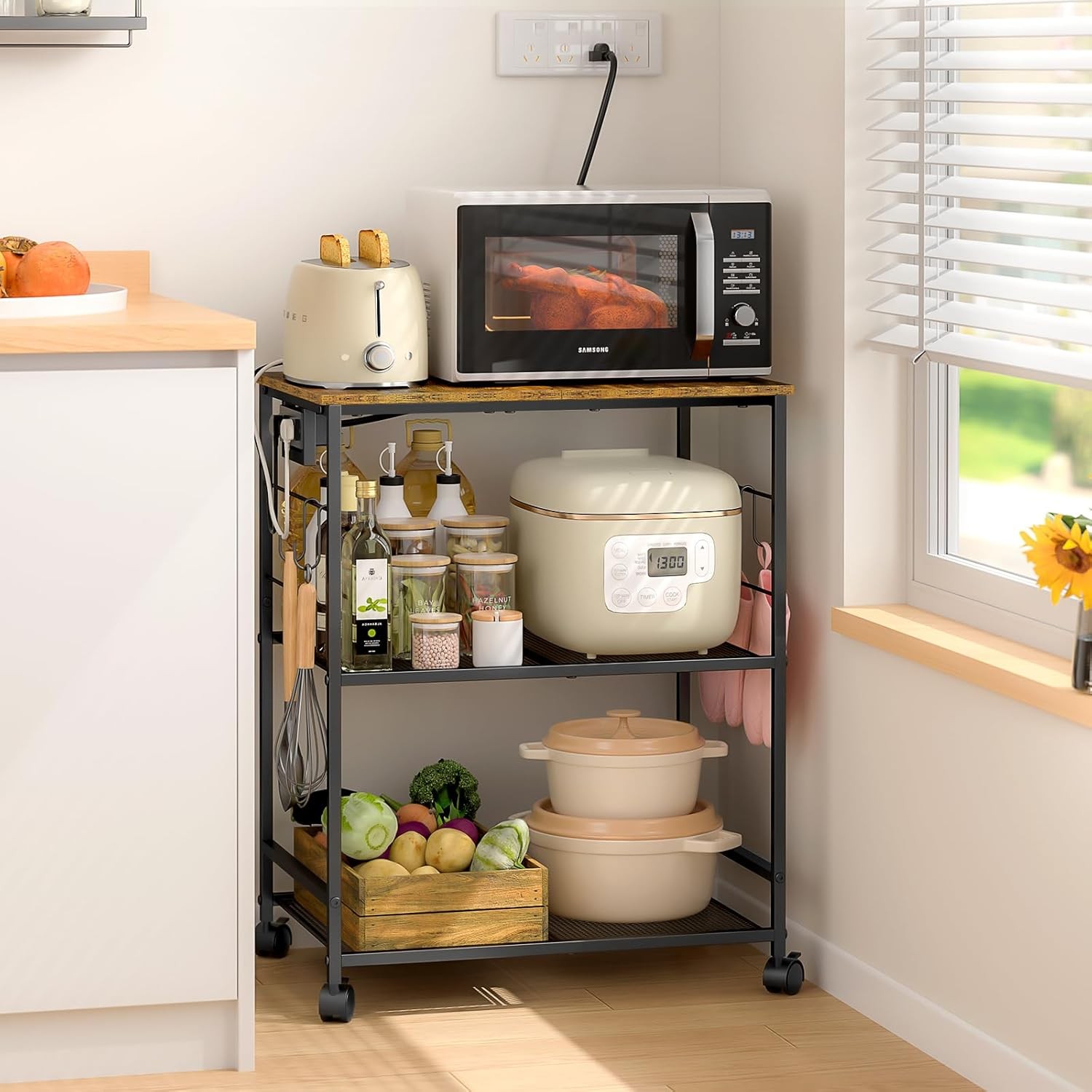 Rolling Microwave Cart with Outlet 3 Tier Microwave Stand Kitchen Organizer