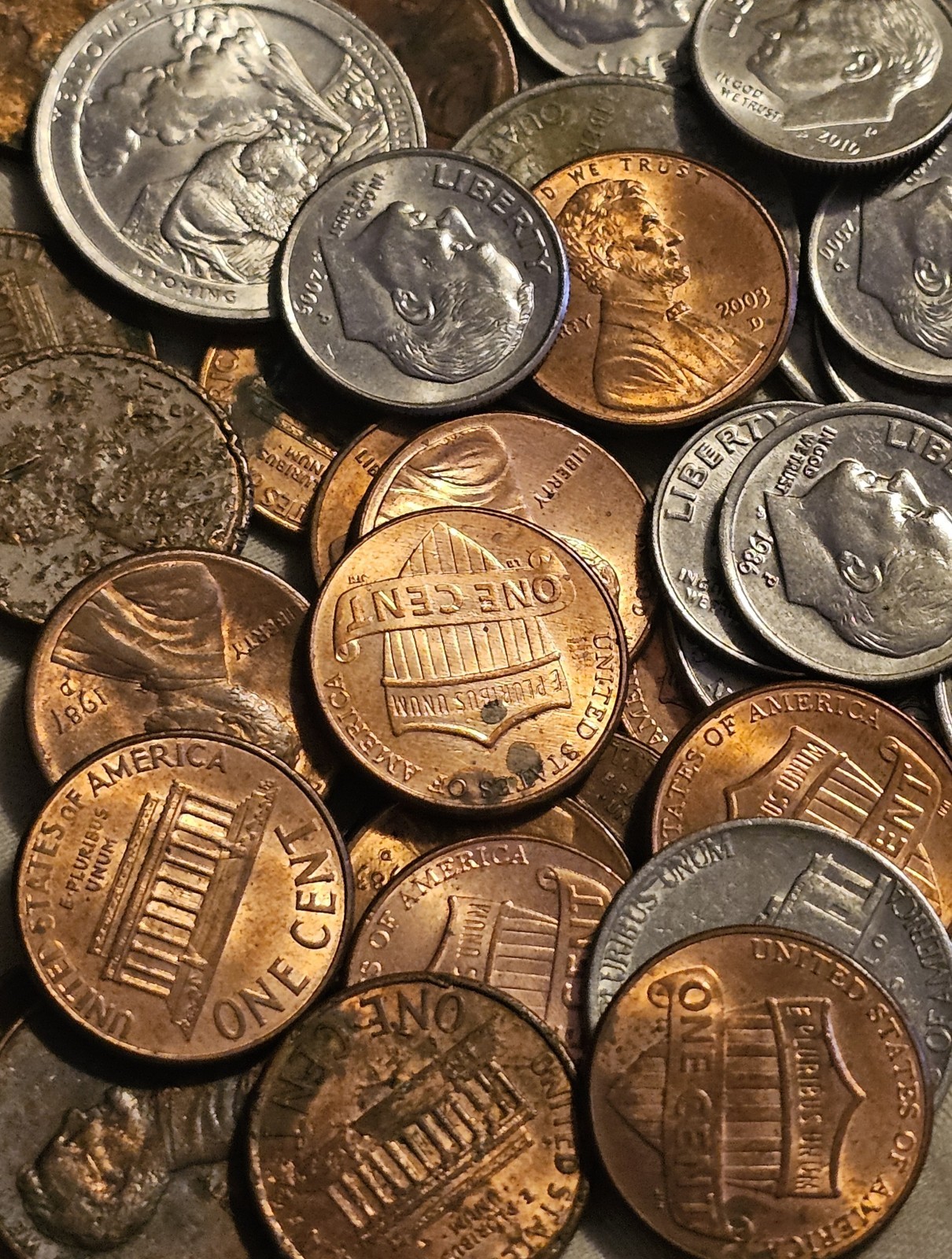 Set Of 41 USA Coins - Dimes, 1/4 Dollars, Nickels, Shield and Memorial Pennies