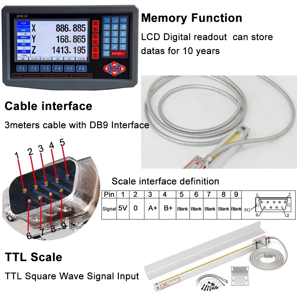 iMeshbean LCD DRO 3 Axis Digital Readout+ 5micron GCS900-3D Linear Scale Encoder