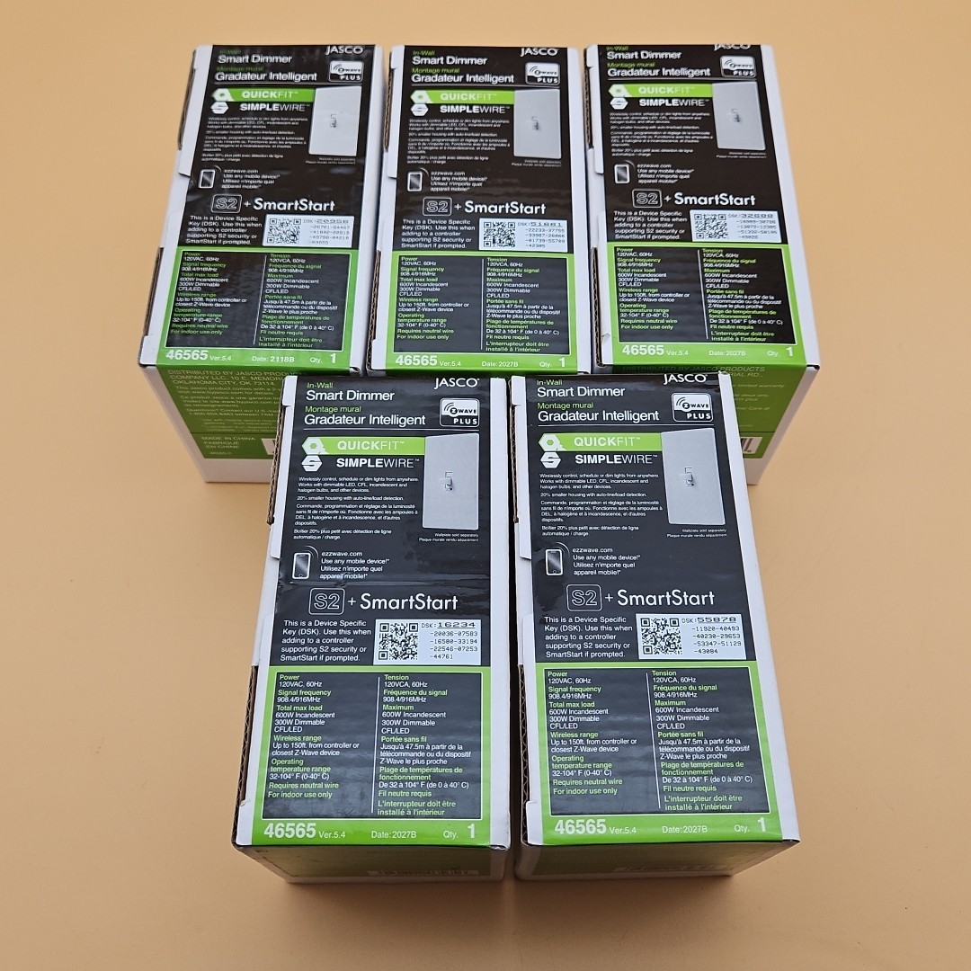 Lot Of 5 Jasco In-Wall Smart Dimmer Light Switch Z-Wave Plus Model 46565 NEW
