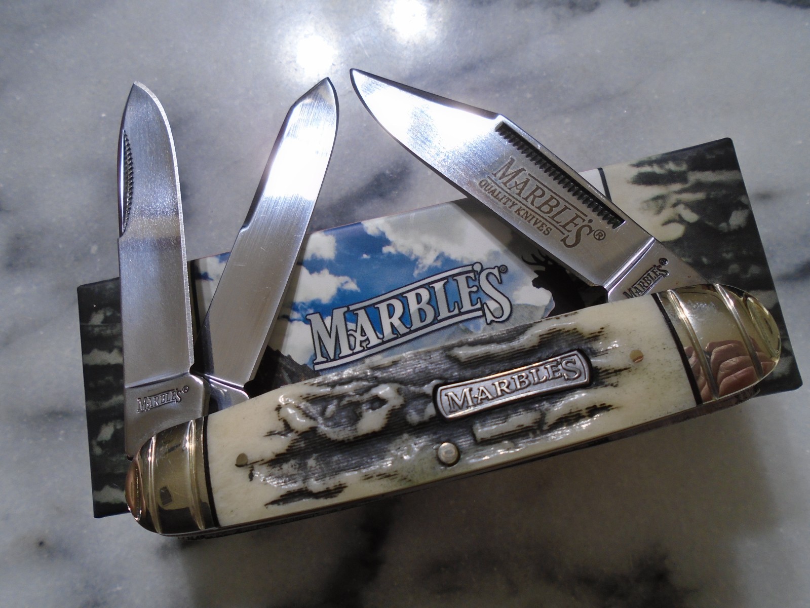 Marbles Black Stag Bone Cattleman Whittler 3 Blade Pocket Knife Folder MR473 New