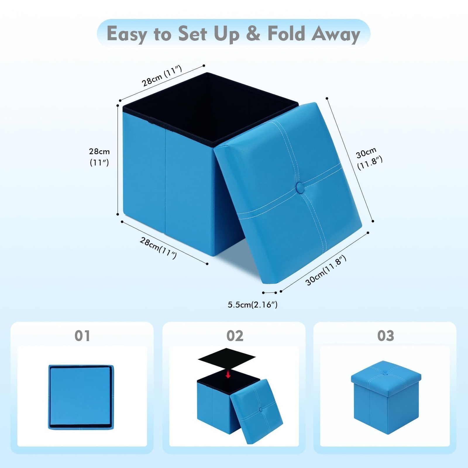 Folding Storage Ottoman Cube, Faux Leather Footrest Seat Coffee Table, Blue 1...
